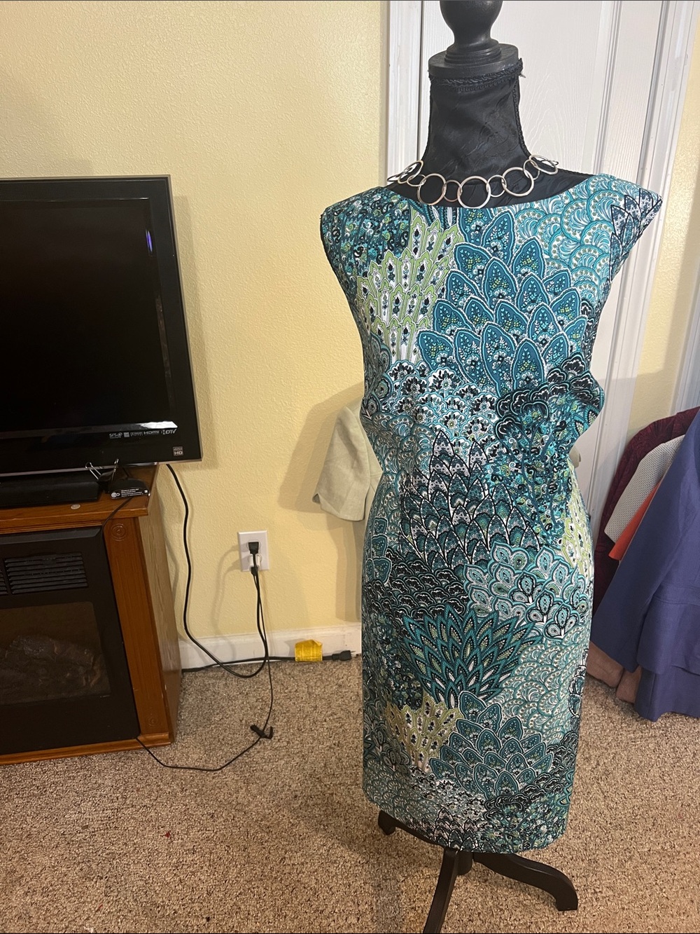 Printed Teal and Green Midi Sheath Dress